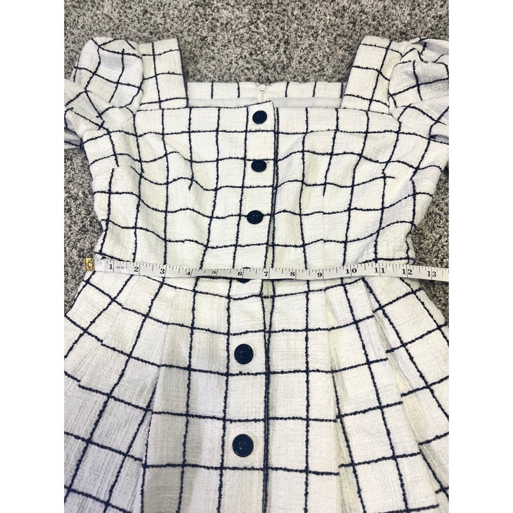 Gal‎ Meets Glam White Black Grid Square Neck Puff Sleeve Dress 2 Pockets Classy - Picture 9 of 13